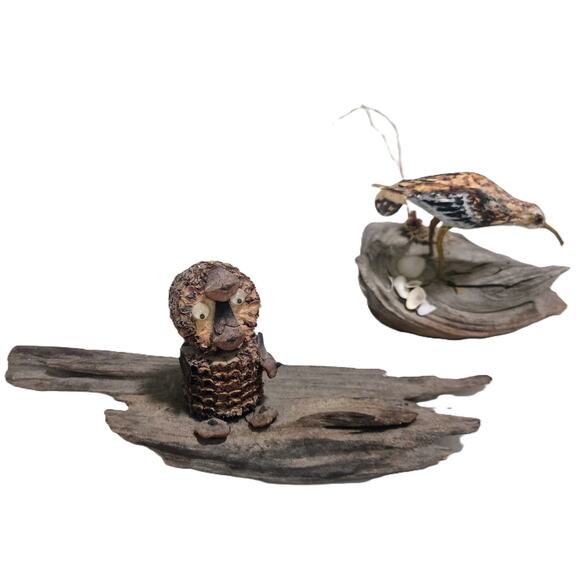 2-Hand-Carved Driftwood Sculptures ShoreBird w/Grass, Seashells/Owl Googly Eyes - Picture 1 of 8